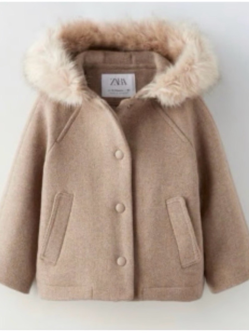 Zara Kids Tan Hooded Pea Coat with Faux Fur Trim